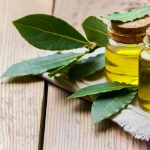 Μπουκαλάκια με δαφνέλαιο πάνω σε τραπέζι - Seamuse|Φύλλα δάφνης πράσινα - Seamuse|Μπουκάλι με δαφνέλαιο και φύλλα δάφνης - Seamuse